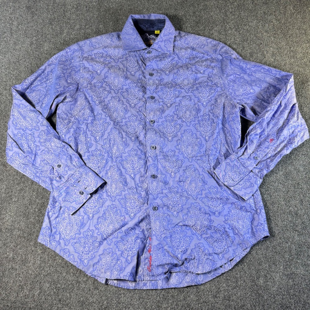 Robert Graham Mens Blue Paisley Damask Button Down Shirt Classic Fit Large
